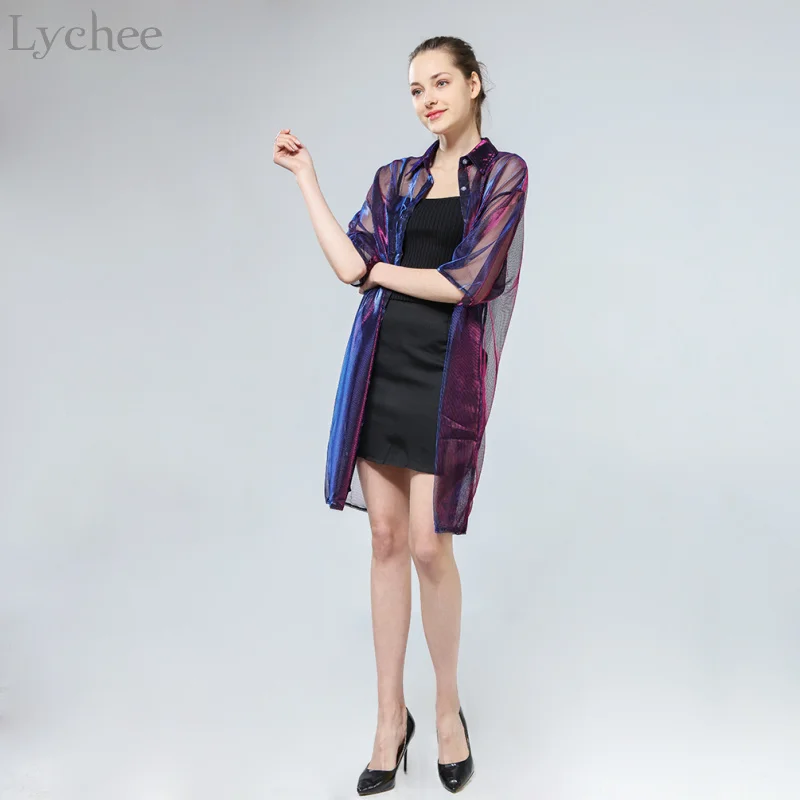 Летняя женская блузка Lychee прозрачная сетчатая Солнцезащитная рубашка с рукавом