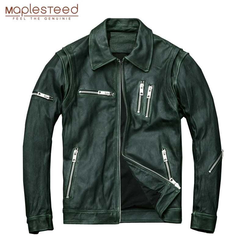 

MAPLESTEED Mens Leather Jacket Oil Wax Calf Skin Green Leather Jackets Black Sheepskin Moto Biker Coat Leather Coat Autumn M005