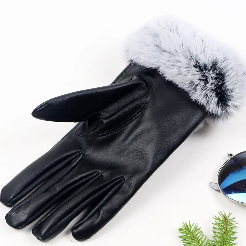 Женские Новые однотонные перчатки женские черные кожаные перчатки осень зима теплый кроличий мех перчатки, Зимние Перчатки Кожаные женские перчатки