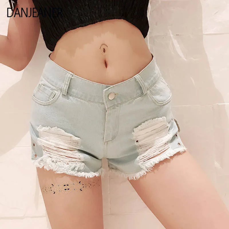 Danjeaner Low Waist Ripped Hole Tassel Denim Shorts Summer Streetwear Sexy Side Rivet Mini Jean