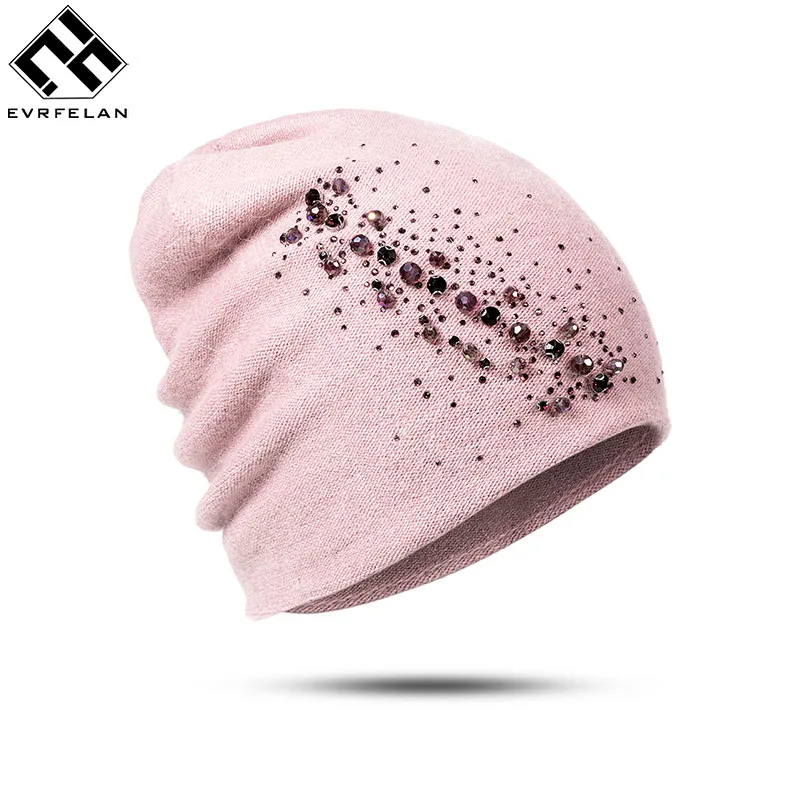 Evrfelan, женская шапка, шерсть, стразы,, высокое качество, новинка, зимняя вязаная шапочка, шапка для девочек, Skullies Bonnet Femme