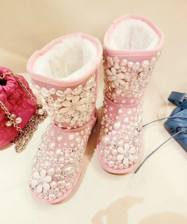 

Lourie powder ! sweet love pearl bow handmade rhinestone gem flower genuine leather knee-high snow boots