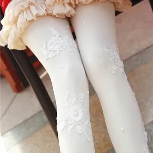 

Princess sweet lolita pantyhose Handmade lace flower pearl Thickening bar Render soft velvet white pantyhose LKW000