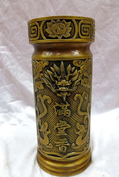 

Fine Brass sculpture China copper carved dragon brush pen Brush Pot Statue