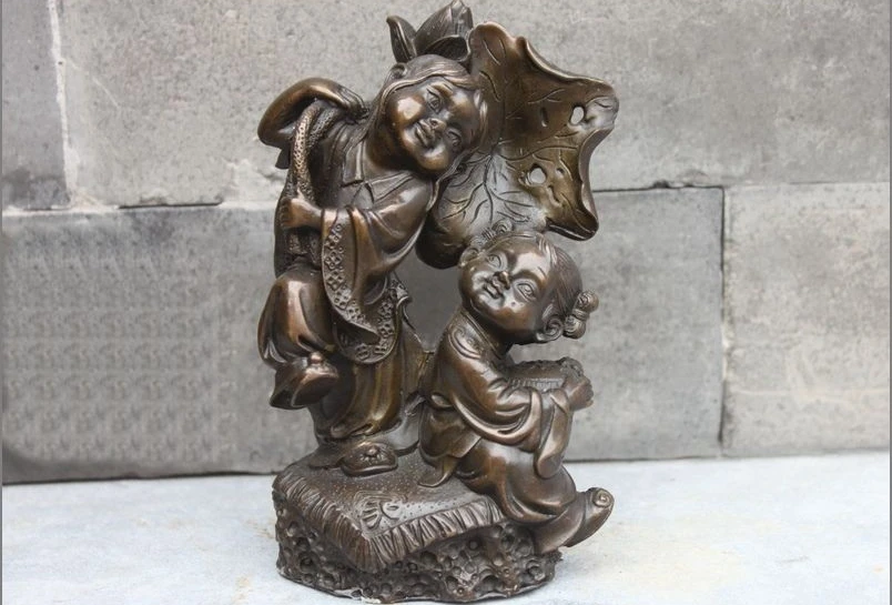 

Chinese Bronze Lotus leaf Two Boys Children Symbol of family harmony statue a 0518