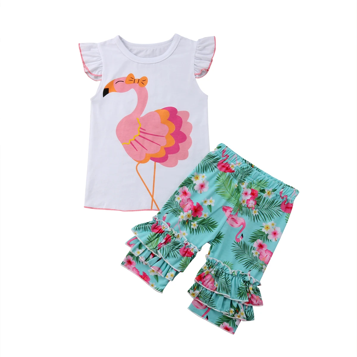 2PCS Child Kids Flamingos Set Toddler Baby Girls Suit Shirt Tops Tee