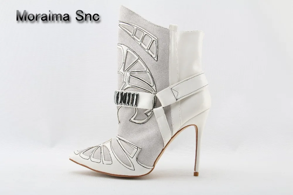 

Moraima Snc brand Suede Leather Pointed Toe Ankle Boots Stiletto Strappy Lady Short Boots Fashion Lady High Heels Studded Boots