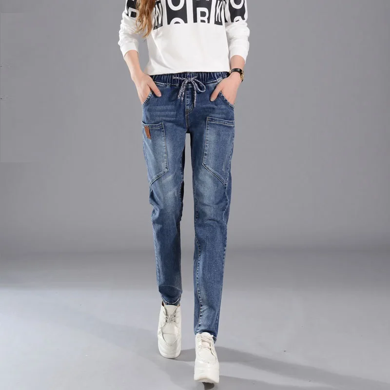 

2018 Spring Free Shipping Women's Harem Jeans Female Mid Waist Elastic waistband Denim Pants Straight Trousers Plus Size 26-34