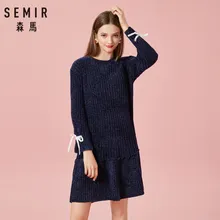 SEMIR женское платье-свитер из мягкой синельной пряжи с завязками на манжетах, трикотажное платье с круглым вырезом и длинными рукавами