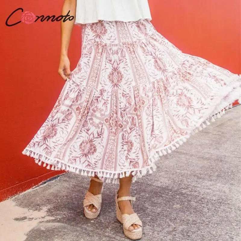 

Conmoto Bohemian Beach Tassel Skirts Women Casual Female Long High Waist Retro Skirt Femme Sexy Vintage A line Skirt Plus Size