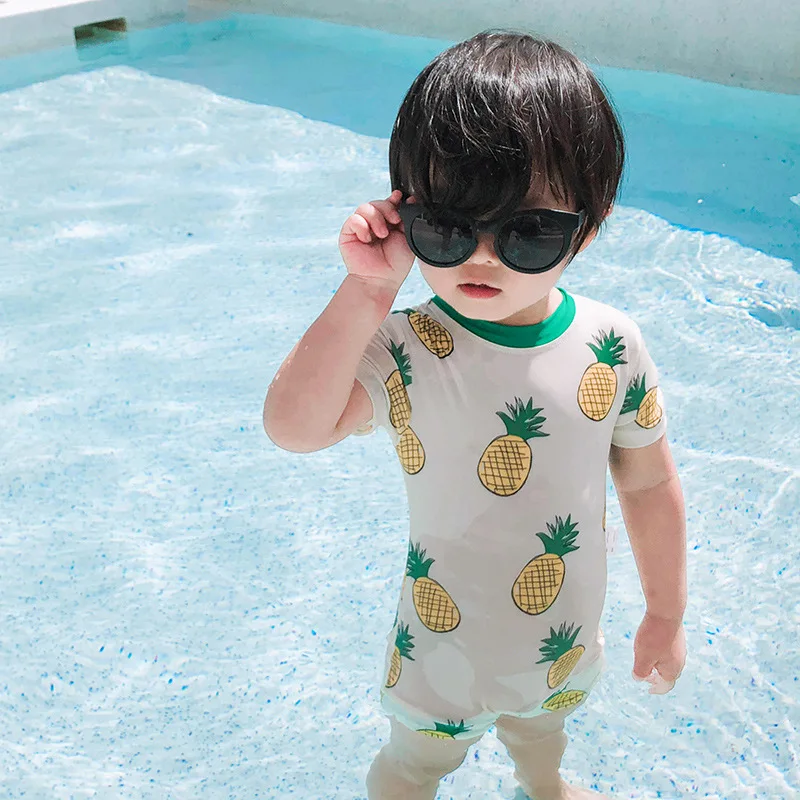 Summer Pineapple Printed Boys Swimsuit Children Sets With Hat For 75-125cm