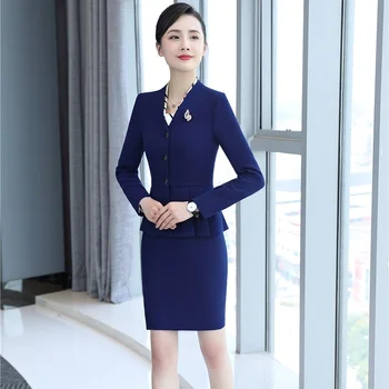 

Plus Size Elegant Blue Slim Fashion Autumn Winter Blazers Jackets And Skirt Business Women Ladies Office Skirt Sets V-neck