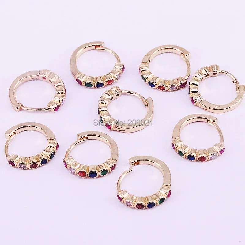 10Pairs 13mm, New gold color Micro pave rainbow cz circle hoop earring for women jewelry