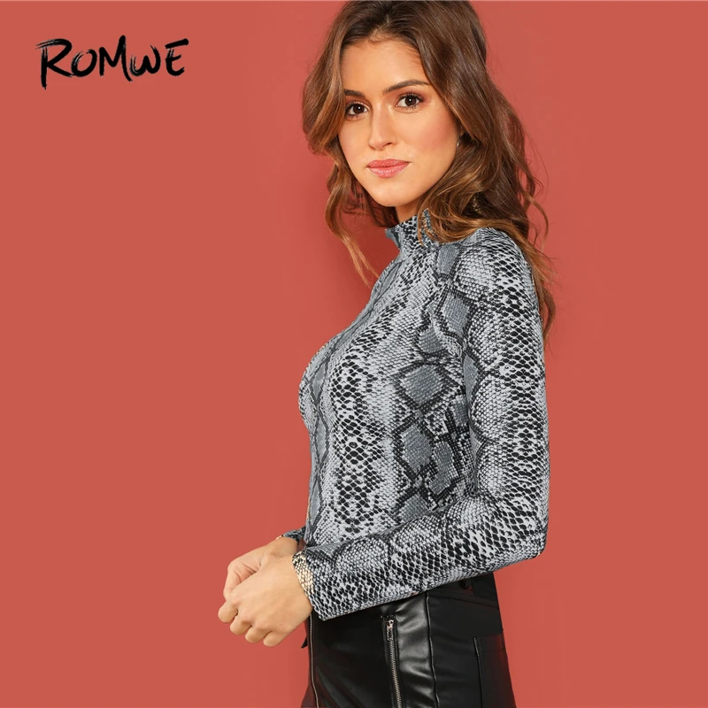 ROMWE Mock-Neck Snake Skin Print Fitted Tee Long Sleeve Slim Spring Stand Collar T Shirt Women Autu