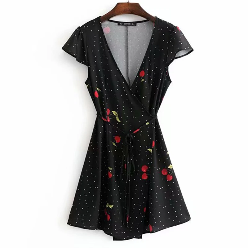 Women's Clothing Dress 2019 Cross Lace Up Cherry Print V-Neck Dress Ms Summer Street Sexy Slim Fit Temperament Clothing