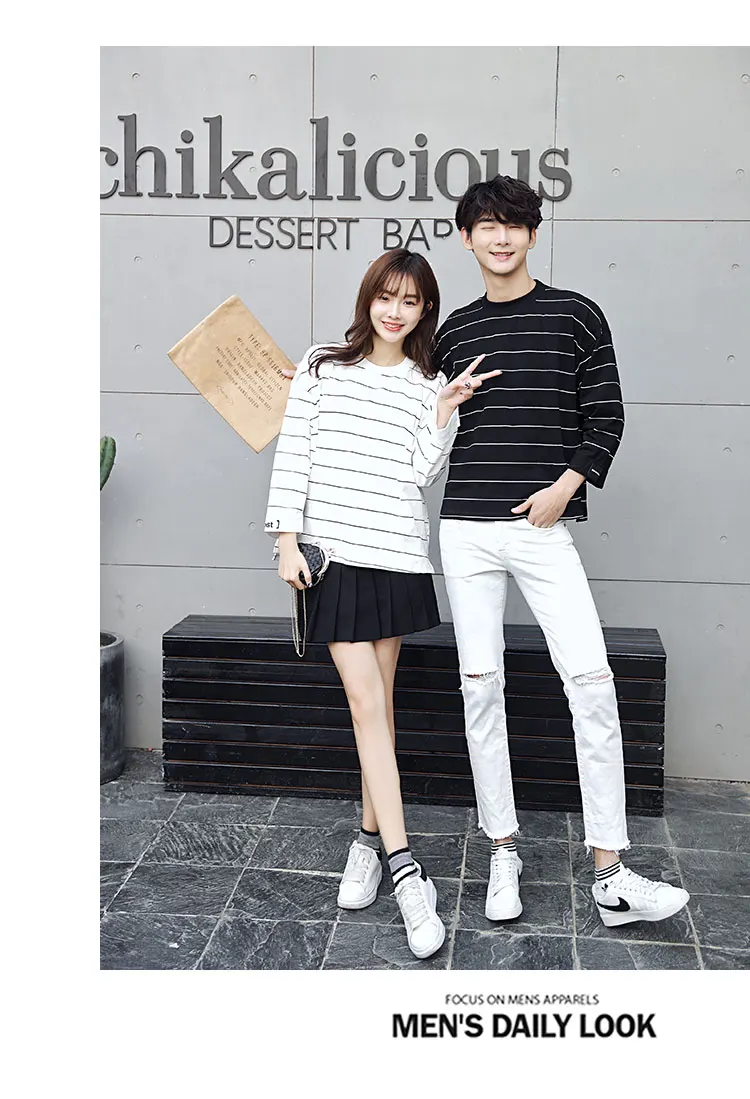 Корейская Одинаковая одежда для пар, Осень-зима, свободные топы в стиле кэжуал, футболка в черно-белую полоску, милые парные футболки для влюбленных, 8803