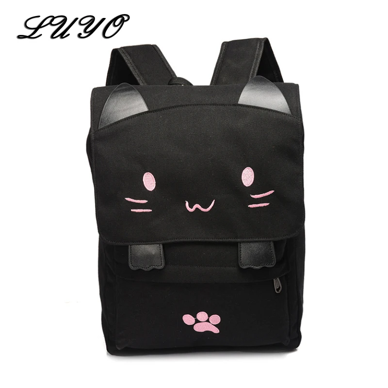Cute Cat Canvas Backpack Schoolbag Cartoon Embroidery Backpacks For