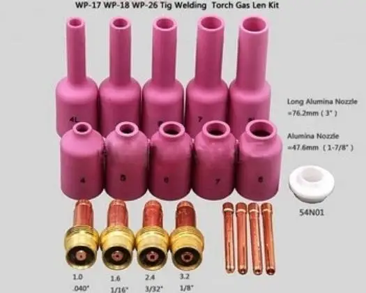 

Free shipping 19PCS TIG KIT Long Gas Lens & Long Alumina Cup Fit TIG Welding Torch PTA DB SR WP 17 18 26 Series,M25 consumables