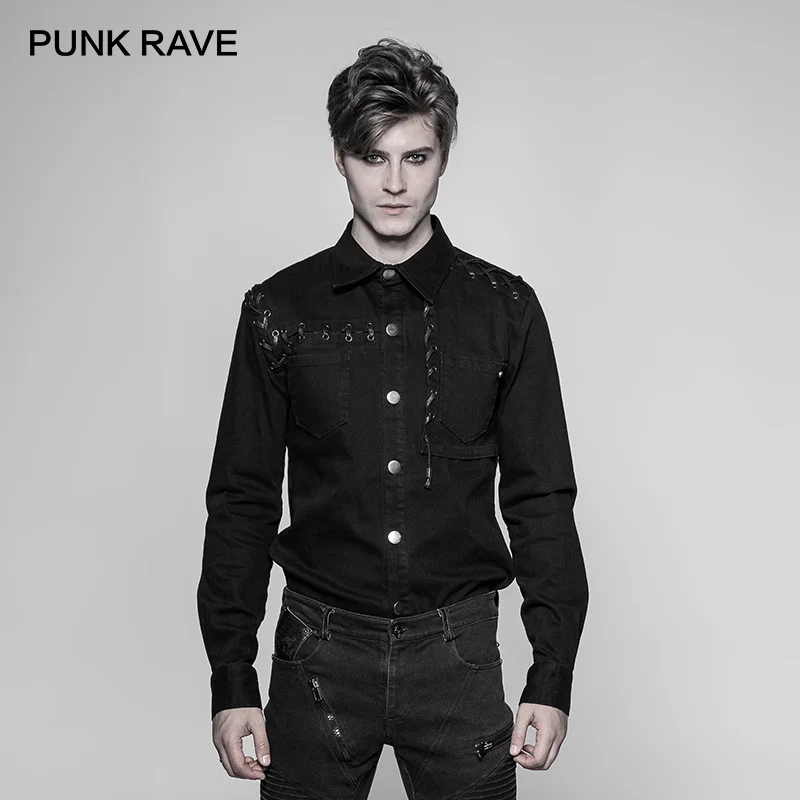 

PUNK RAVE New Punk Long-sleeved Shirt Cotton Men Shirts Gothic Handsome Fashion Casual Fit Twill Black Shirt Mens Harujuku