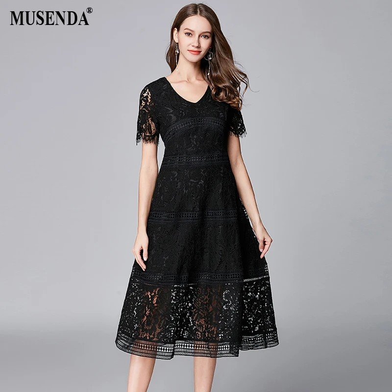 MUSENDA плюс размер женский черный полый кружевной v-образный вырез с коротким рукавом Миди платье летний сарафан женское винтавечерние платье