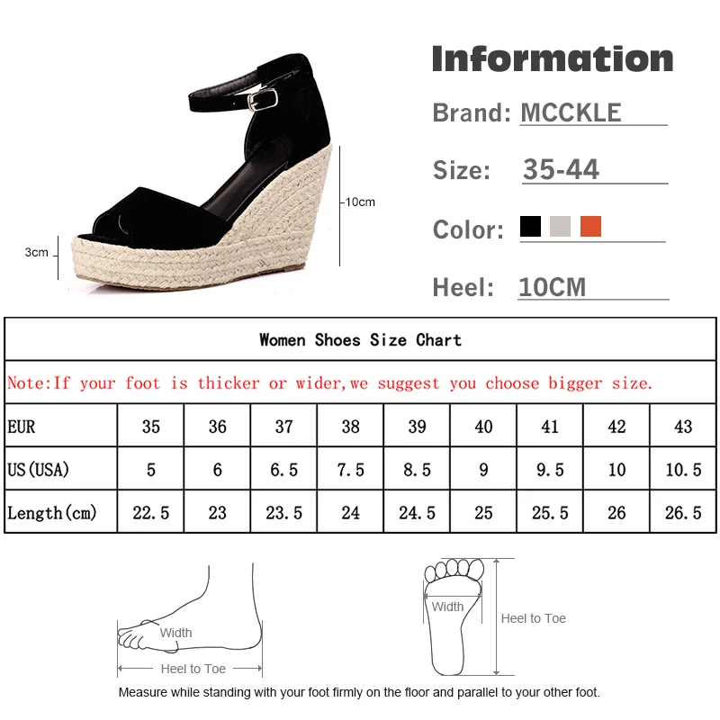 MCCKLE/размера плюс богемные женские босоножки с ремешком на щиколотке; соломенная платформа; женские туфли на танкетке; флоковые босоножки на высоком каблуке с закрытой пяткой