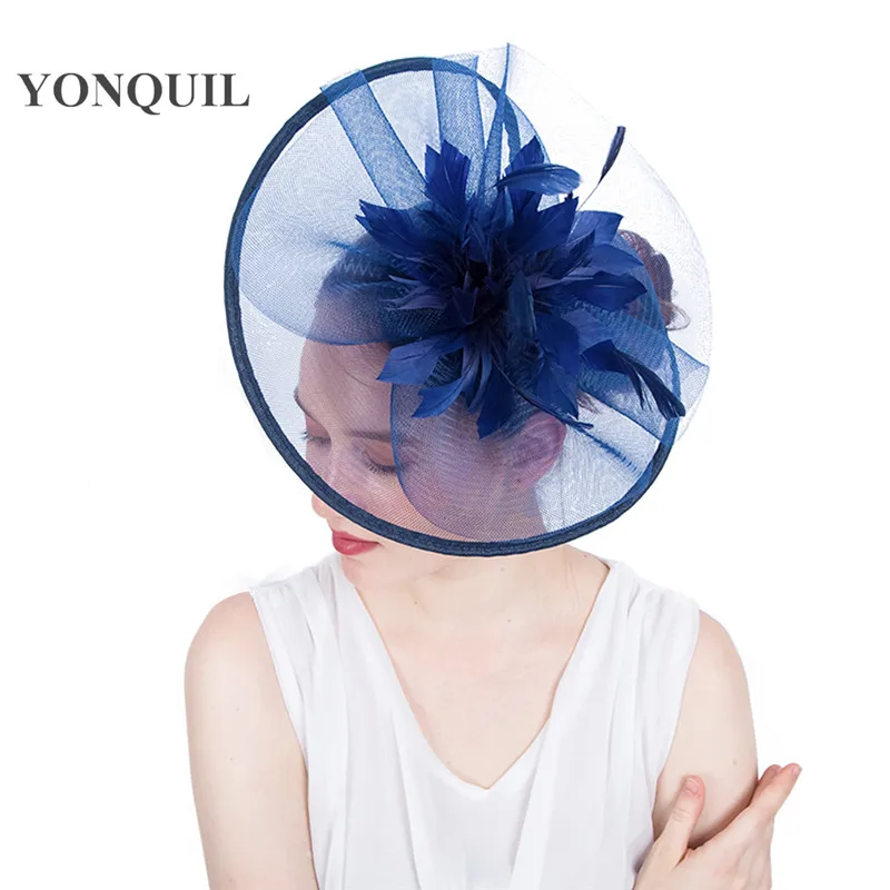 

Navy feather flower headband ladies wedding hat hair fascinators for women royal ascot race big hats hatnator 17 colors SYF120