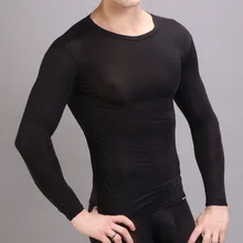 Mens Reizvolle Transparente Unterhemd Exotische glatte Sheer Unterwäsche Mit Langen Ärmeln Fitness T-shirt (nicht enthalten hosen)