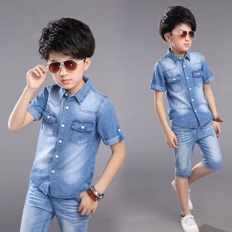 Boys Clothes Boys Summer Set 2pcs Cowboy Shirt +Shorts Teenager Boys Casual Set Short Sleeve shirt Short Pants