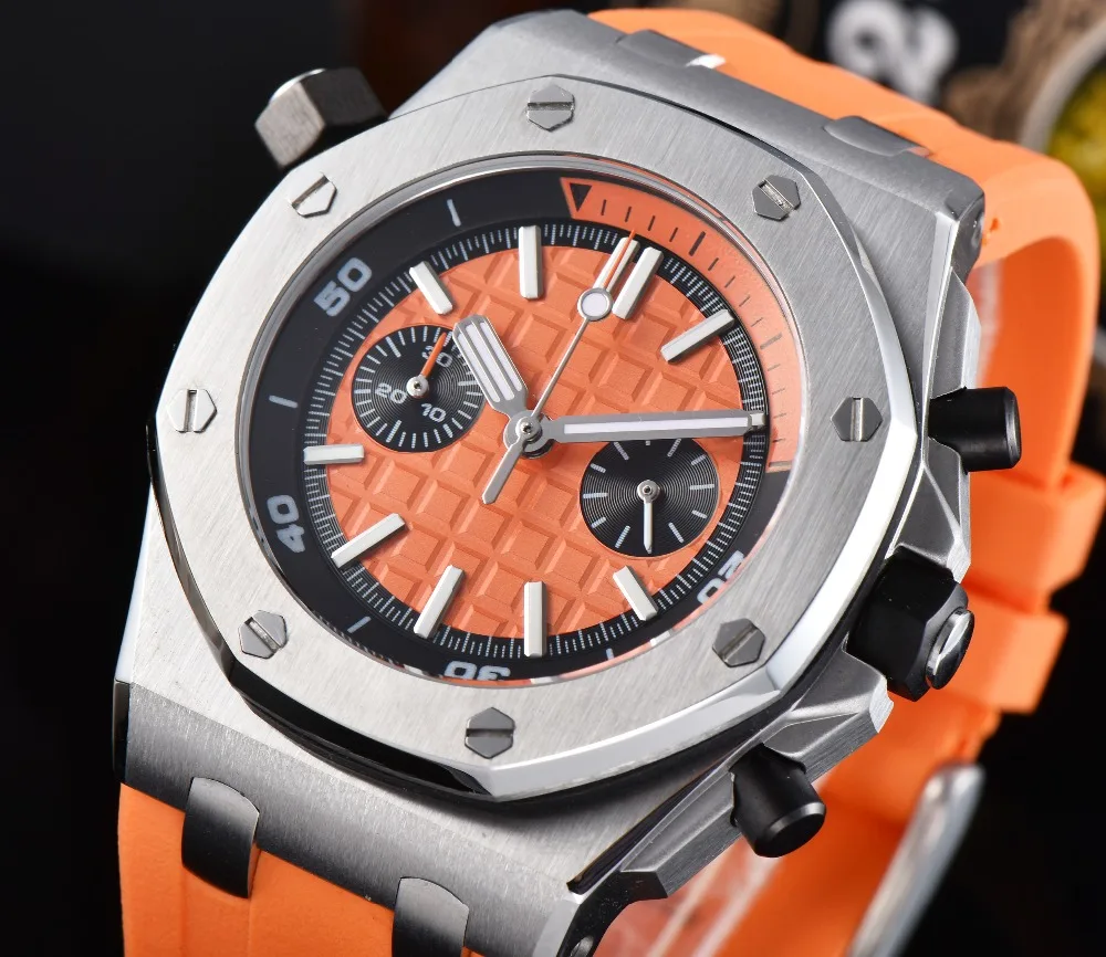 

watch chronograph wristwatch Japanese luminous hands Japan MIYOTA quartz movement Fully functional rubber strap steel case D-48