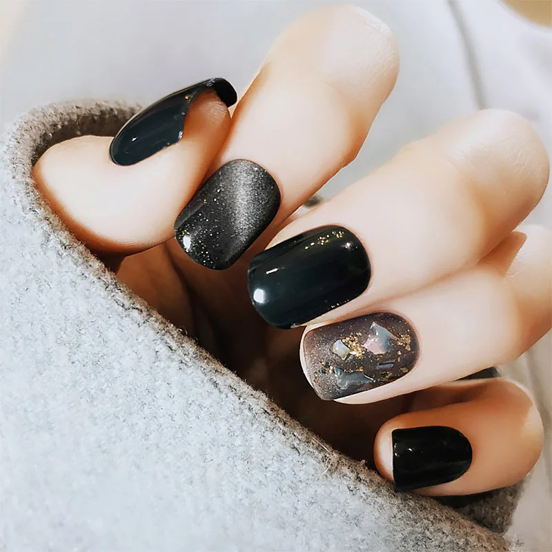 

22pcs Cat Eye Pattern Fake Nails Ladies Fashion Short Oval Shaped False Nails Girls Simple Star Color Nail Art Tips with Glue