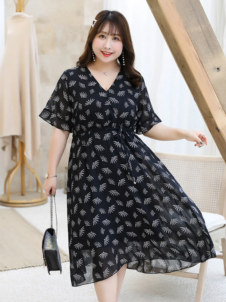 

MINSUNDA Plus Size Surplice Neck Wrap Knotted Print Dress Pastel V Neck Flounce Sleeve Summer Dresses Women A Line Midi Dress