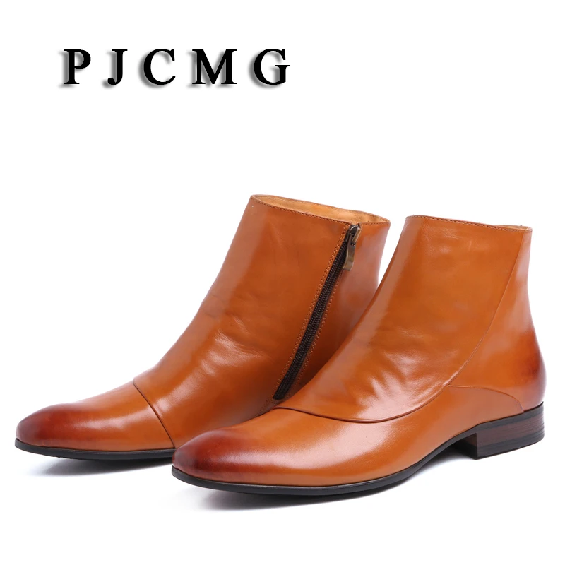 Pjcmg модные удобные черные туфли высокого качества/коричневый ручной Водонепроницаемый из натуральной кожи Zip Весна/Осень на плоской подошве Мужские ботинки
