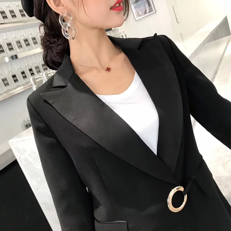 Spring 2019 The New European and American Style Ring Buckle Black Suit OL Commuter Style Professional Black Jacket Suit Women