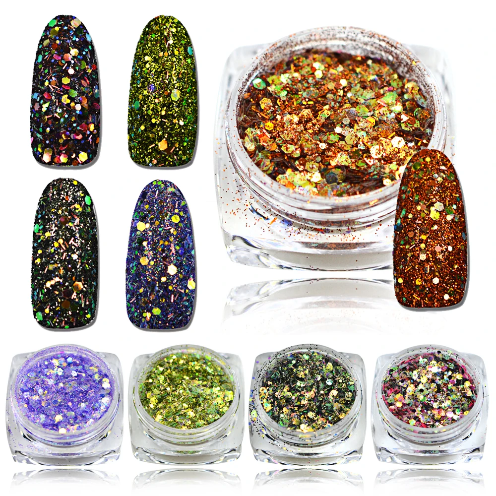 

1 Bottle Nail Art Hexagon Mixed Color Designs Glitter Nail Shinning Tips Holographic Nail Powder BET23-28