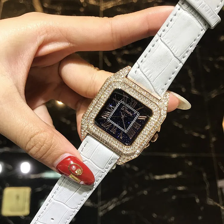 Grey rosegold case Новые Топ Роскошные Полный алмаз квадратный Римский браслет с цифрами часы для женщин Мода кожаный ремешок Стразы кварцевые часы - Цвет: Grey rosegold case