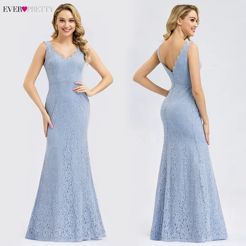 

Robe De Soiree Elegant Blue Evening Dresses Long Ever Pretty V-Neck Lace Embroider Little Mermaid Dresses Vestido Comprido 2019