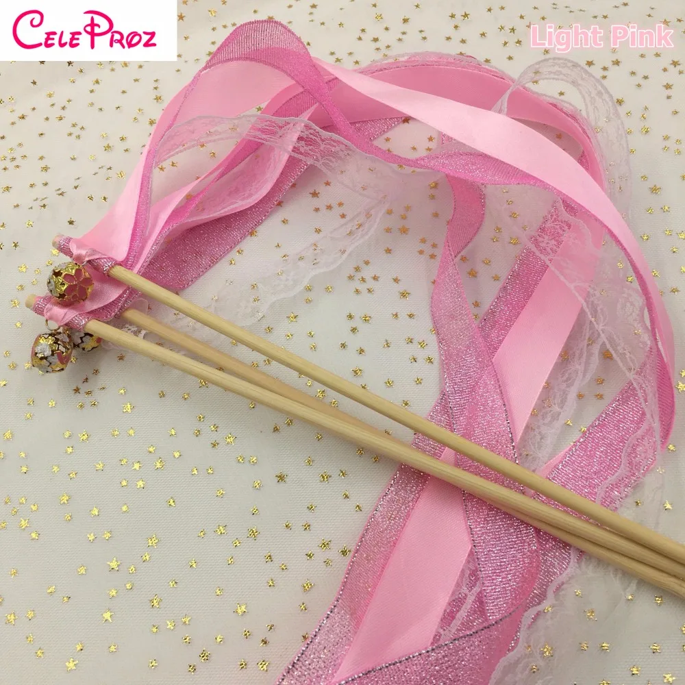 Light Pink Wedding Ribbon Wands Glitter Lace Fairy Sticks With Bells