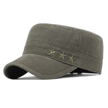 

Men's Spring and Autumn Washed Cotton Military Hat with Embroidered stars Pentagram Curved visor Retro Flat Kepi Fade Army Cap