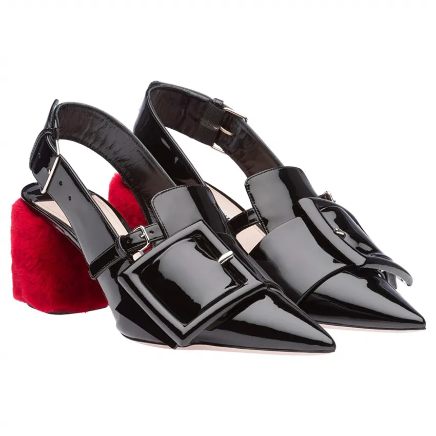 

Women Pointed Toe Belt Buckle Patent Leather Block Rabbit Fur Heel Slingback Pumps Sandals Cut Out Ankle Buckle Shoes Black A601