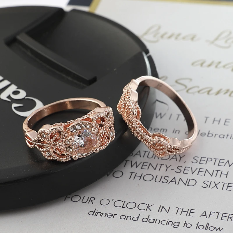 Crazy Feng Promise Couples Rose Gold Color Pairs Wedding Ring Set Engagement Double Finger Rings For Jewelry Gift