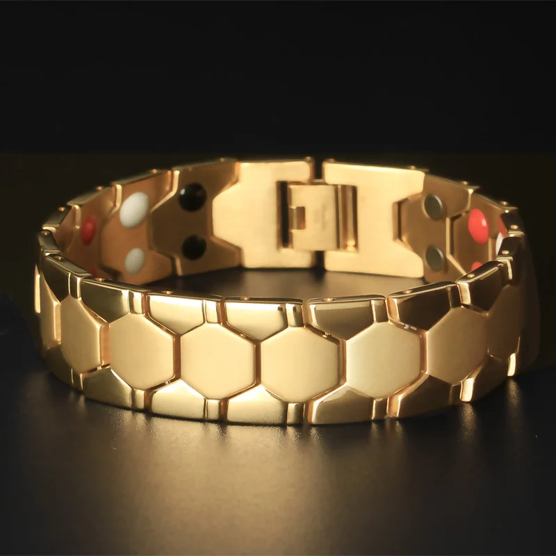 

TrustyLan 18MM Wide Health Magnet Bracelet Indian Men Jewelry Gold Color Polished Stainless Steel Mens Bracelets Man Bracelet