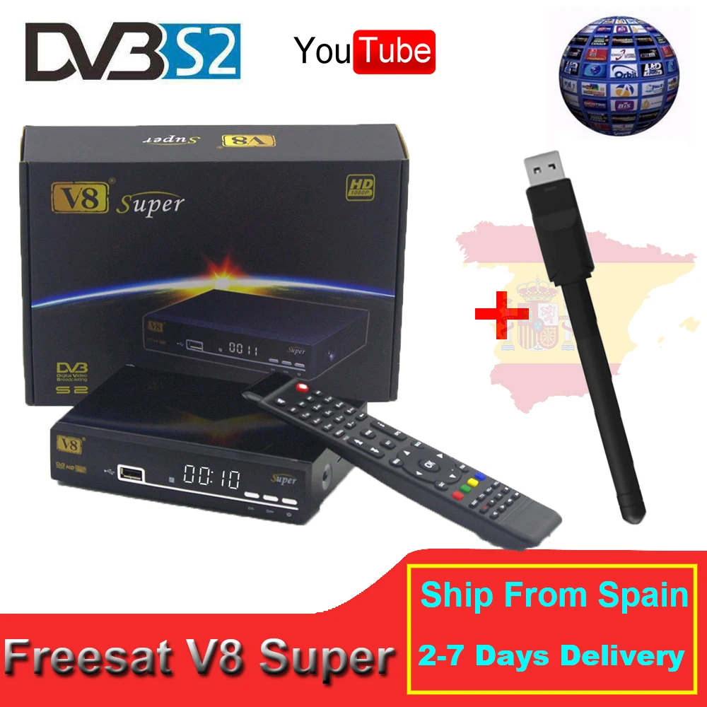Freesat V8 Super Satellite Receiver+USB WiFi DVB-S2 FTA Full HD TV Receptor With 1 Year Europe Cline Spain Germany LNB | Электроника