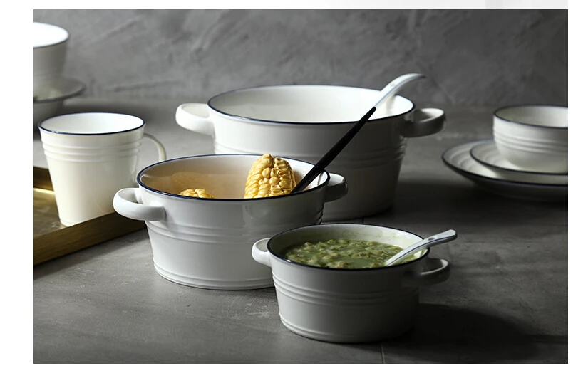 Простая синяя линия большая тарелка для супа с ручной салатником, миска для супа с лапшей, инструмент для выпечки в скандинавском стиле