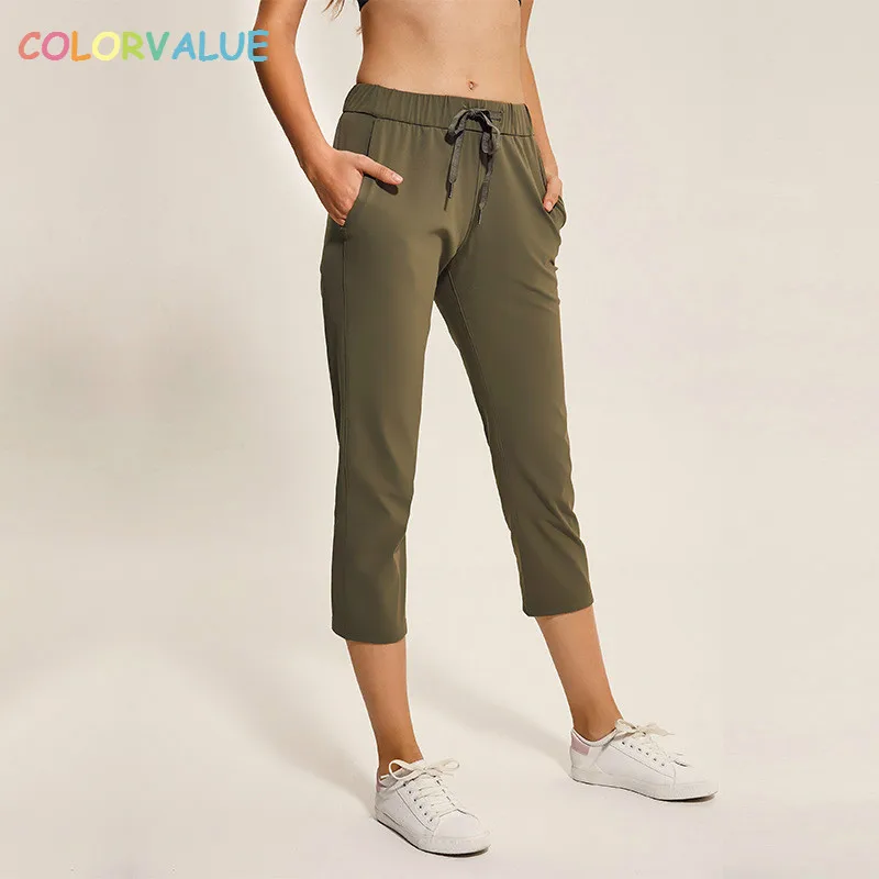 

Colorvalue Leisure Lace-up Sport Capri Pants Joggers Women Loose Fit Fitness Workout Cropped Trousers with Side Pockets XS-XL