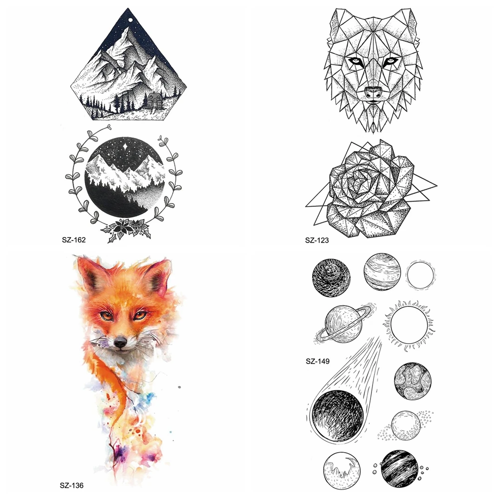 

Women Small Planet Temporary Tattoo Sticker Arm Fake Tatoos Diamond Timber Makeup Tip Waterproof Tattoo Men Geometric Wolf Flora
