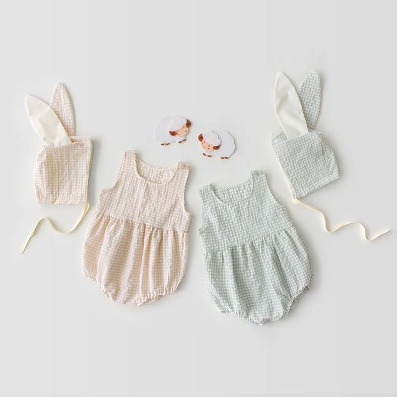 

New Pretty Baby Girls Plaid Ins Lovely Kids Rompers with Puppy Hats Summer Fashion Toddler Holiday Children Clothing Rompers