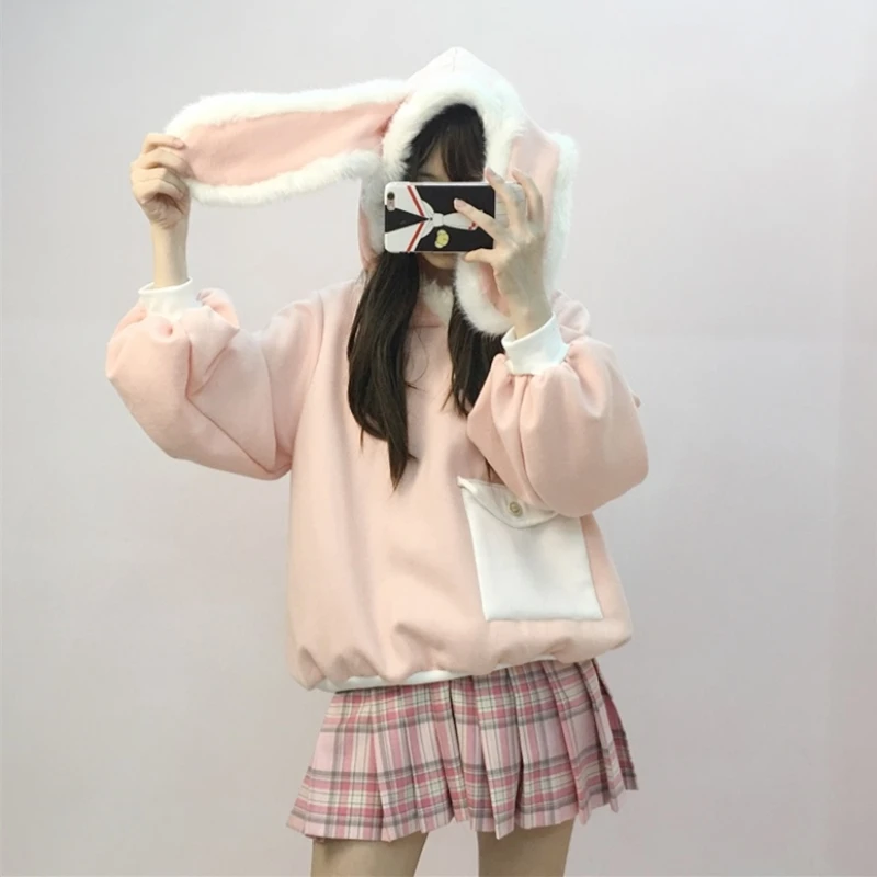 

Super Cute Rabbit Ear Women's Hooded Pullover Winter Fall Long Sleeve Pink Hoodie Cashmere Sweatshirt Girls 2018 Autumn