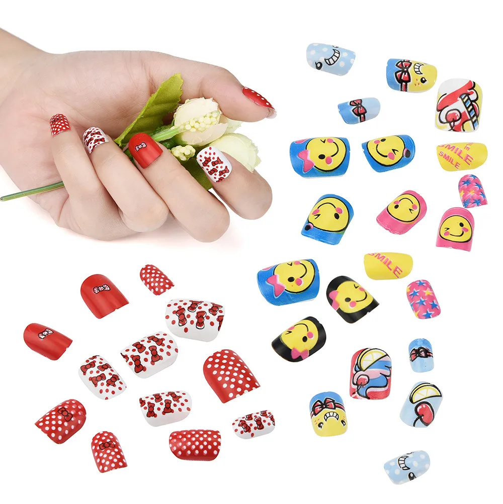 

12Pcs /24Pcs Kids false nail tips Press-on False Nails Cartoon Pattern Full Nail Pre-glue for Children Nail Art Stickers 30p1020