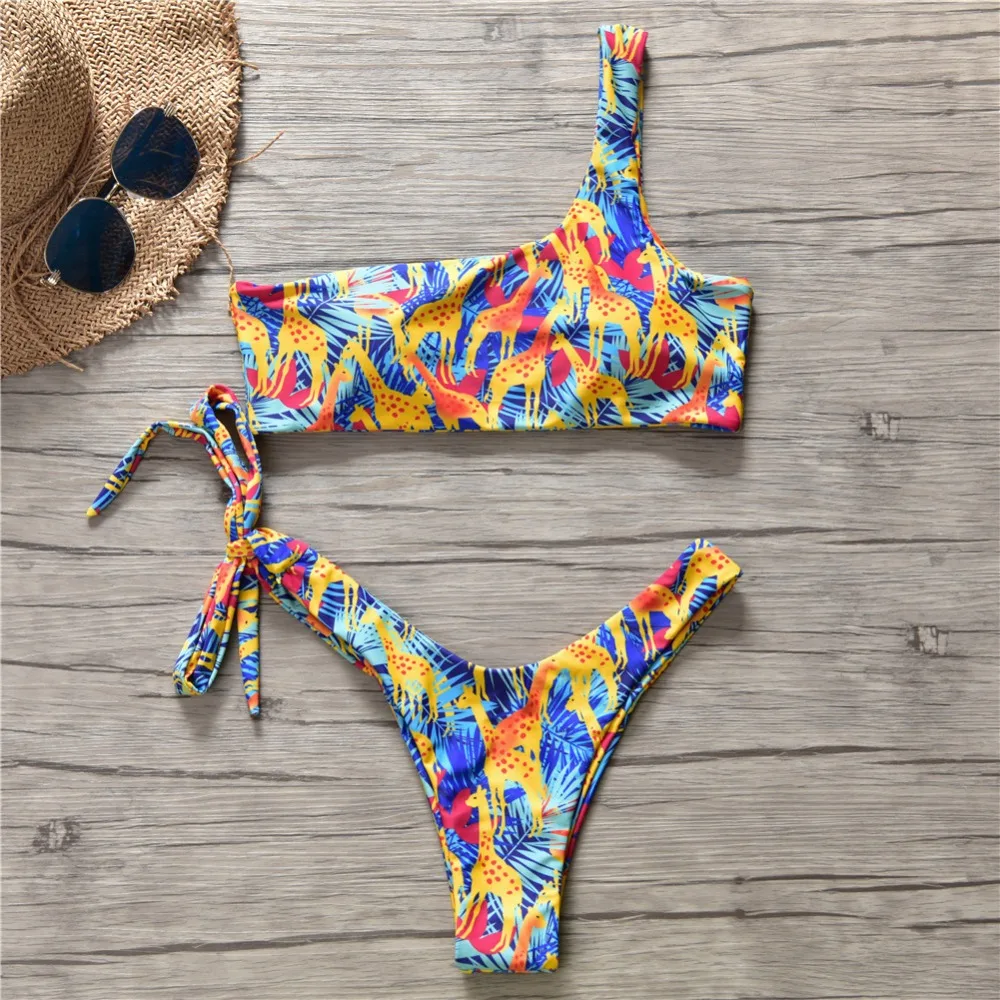 2019 Sexy One Shoulder Bikini Two Pcs Swimsuit Women Set Female Deer