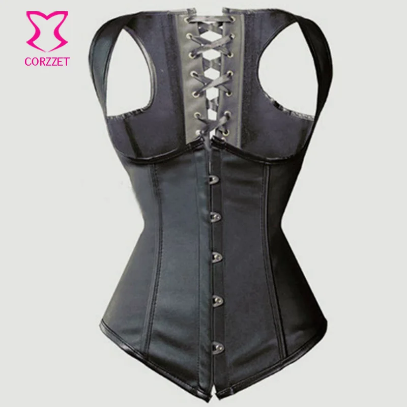 Black Leather Corset Underbust Vest Steel Boned Waist Slimming Corsets